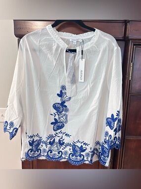 Chico's XL Split Neck Blouse with Shell Embroidary in Rich Cobalt